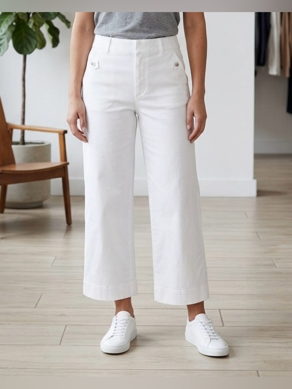 SPANX White Stretch Twill Cropped Wide Leg Pants Size Large L Shapewear Pull On